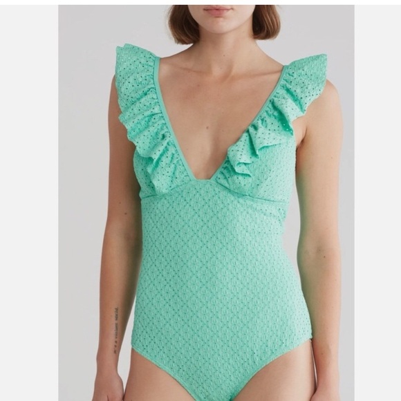 Betsey Johnson Biscay Green 1‎ piece Ruffle strap eyelet Swimsuit size large new - Picture 6 of 6